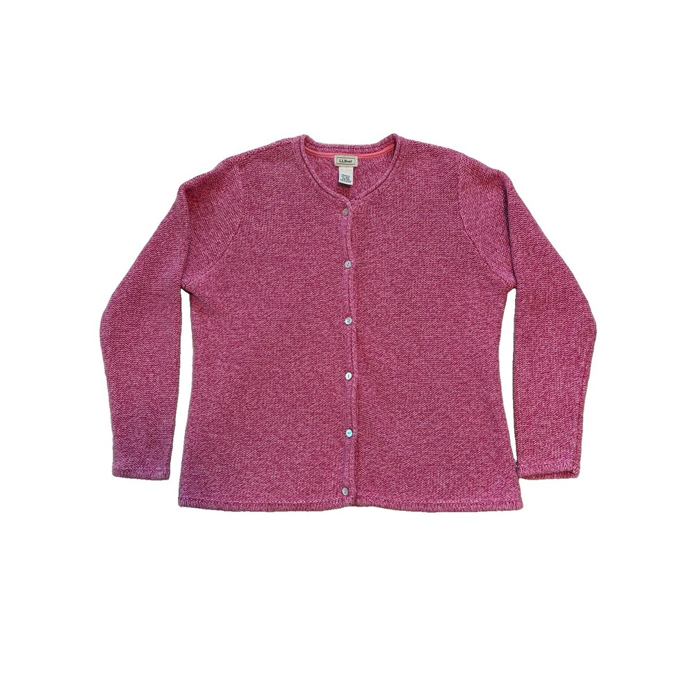 LL Bean Womens L Pink Marled Cotton Cardigan Sweater Thick Knit Classic Preppy